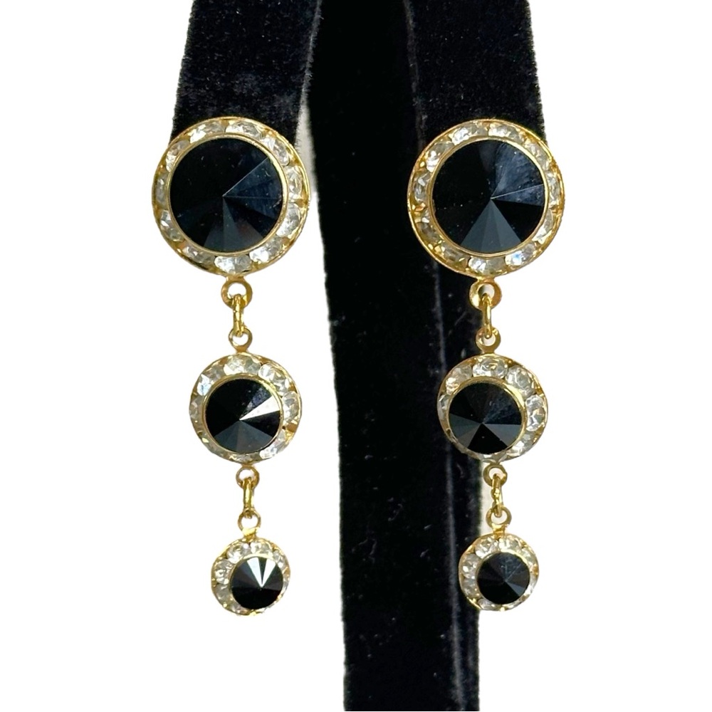 Vintage Black Rivoli Rhinestone Halo Cocktail Dangle Gold Tone Earrings